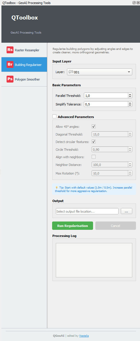 QGeoAI Building Regulariser tool UI
