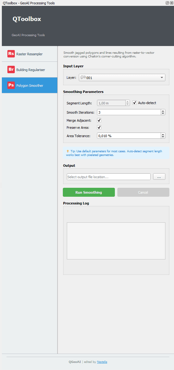 QGeoAI Polygon Smoother tool UI