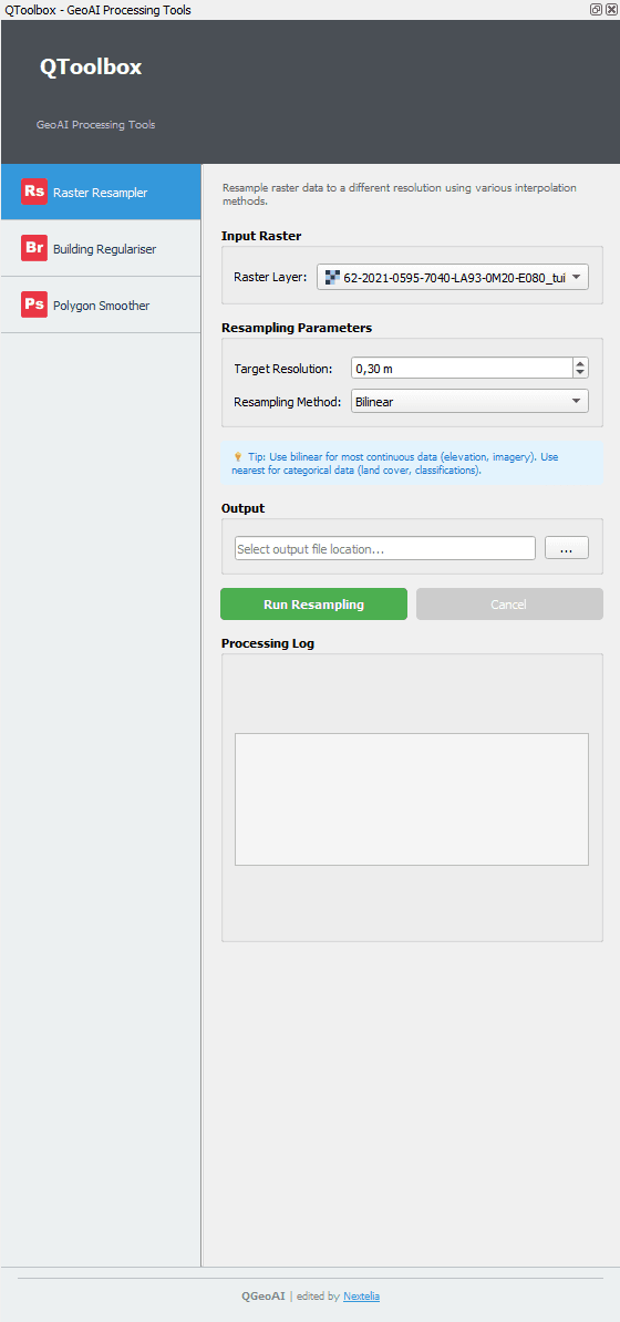 Qgeoai raster resampler tool ui